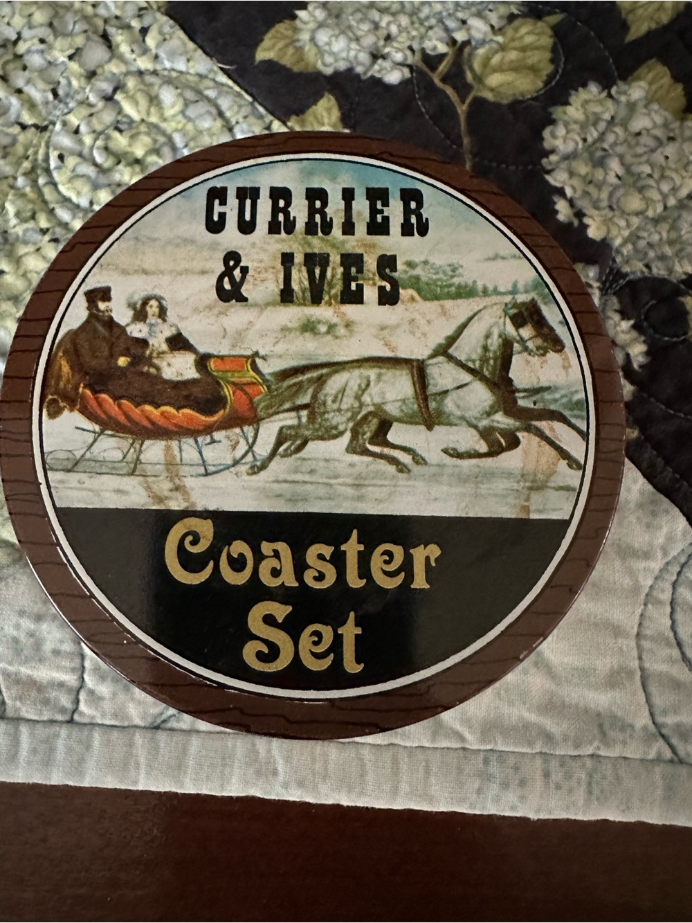 Currier & Ives Coaster Set - Vintage Style Brown/Black